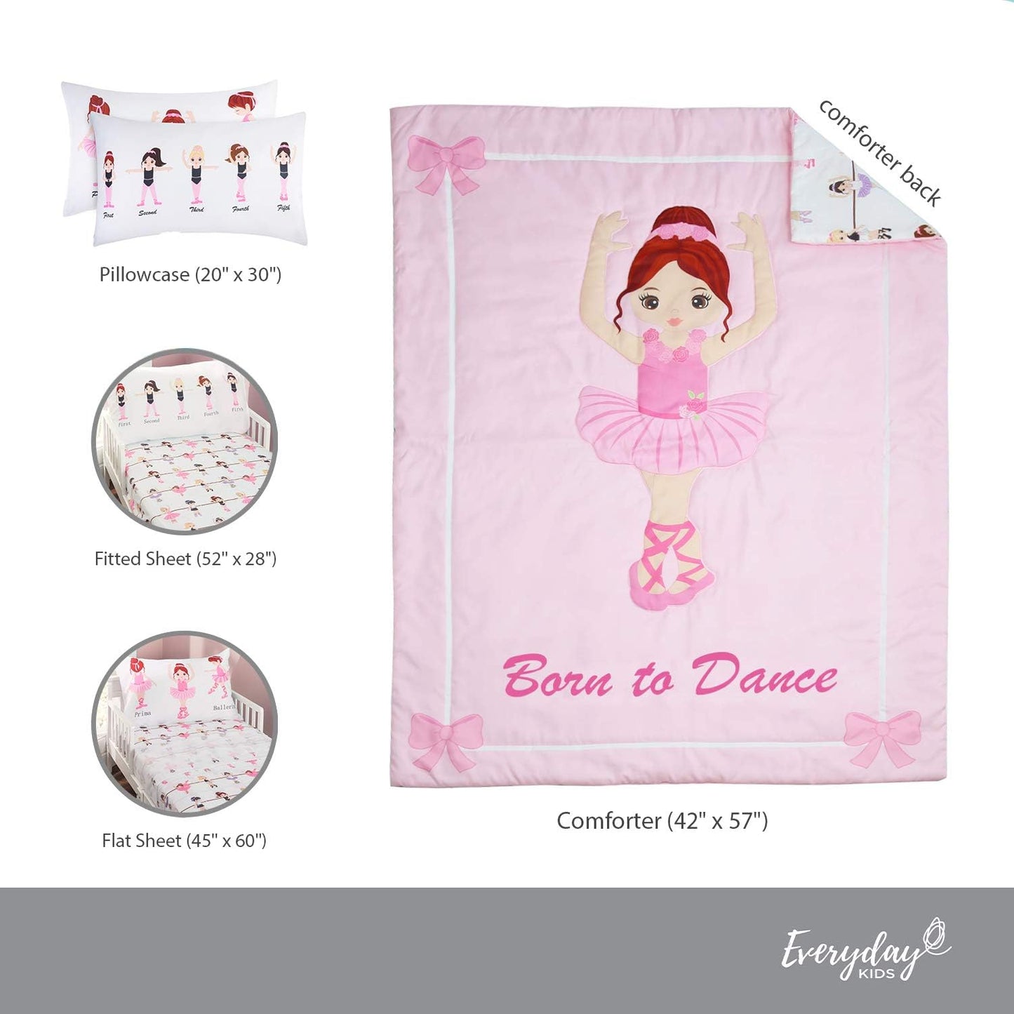 4 Piece Toddler Bedding Set -Born to Dance Ballerina- Includes Comforter, Flat Sheet, Fitted Sheet and Reversible Pillowcase
