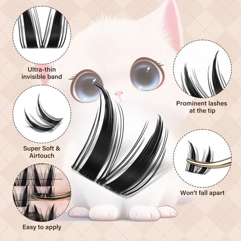 Cat Eye Lash Kit L JMS&JMS Kitty,Princess Cat Eye Lashes Clear Invisible Band C Curl,(8-18 MIX) for DIY Eyelash Cluster Extension Waterproof Anime Eyelash Manga Lash Tiktokshopblackfriday Makeup Cosmetic