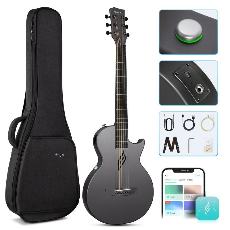 【Enya NOVA GO SP1 】 Carbon Fiber Travel Guitar 35" Acoustic Electric with Smart Acousticplus Technology Built-In Effects USB Recording Bluetooth Speaker Beginner Bundle Gig Bag Accessories, Christmas Gift, Tiktokshopholidayhaul