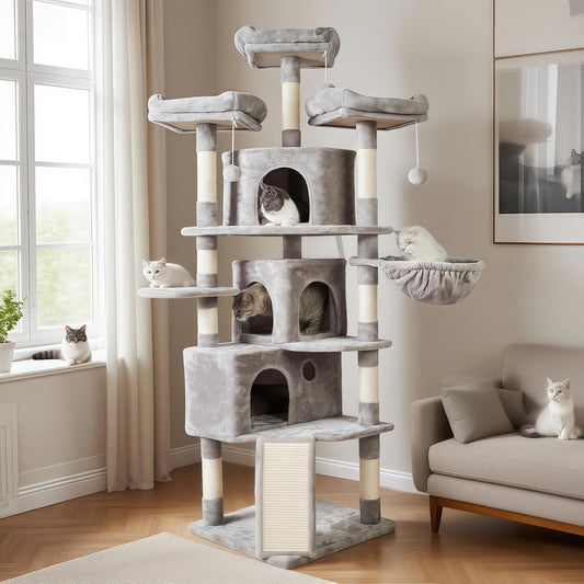 XL Size Cat Tree, 73.4 Inch Cat Tower with 3 Caves, 3 Cozy Perches, Scratching Posts, Board, Activity Center Stable for Kitten/Gig Cat, Light Gray MPJ032W