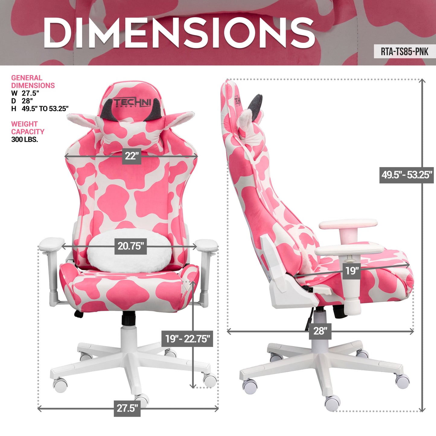 TS85 Pink Cow Series Gaming Chair with Memory Foam Seat RTA-TS85-PNK