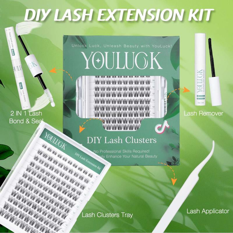 YOULUCK Popular DIY Lash Clusters Kit with Glue Remover & Tweezer for Beginners Long-Lasting Fluffy Weightless Look Individual Eyelash Extensions Ultra-Thin Band Bond Makeup for Girls - Cosmetic