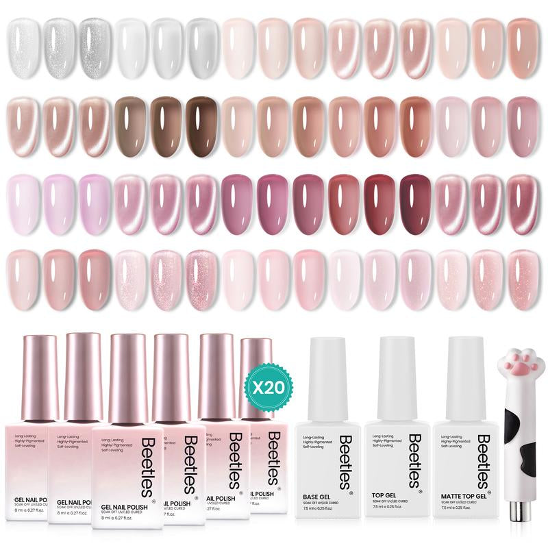 [Exclusive to Tts]Beetles Gel Nail Polish Set 20 Colors 8ML Nude Pink Green Blue Red Cat Eye Uv Gel Polish with Base Top Coat, All Season Manicure Tools for Beginners Nail Art Home Gift for Women