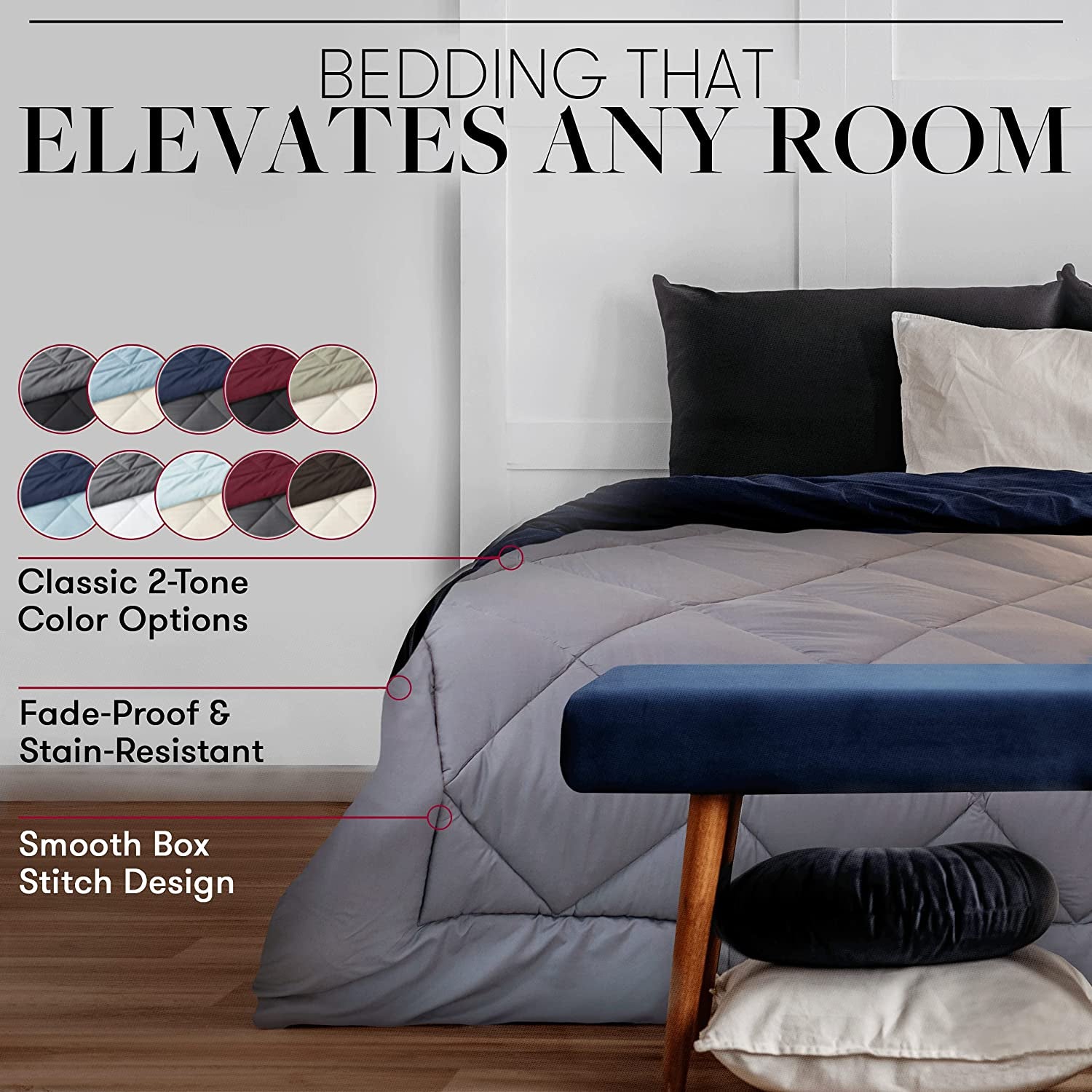 Goose down Alternative Reversible Comforter - All Season - Premium Quality Luxury Hypoallergenic Comforter - Full/Queen - Grey/Black