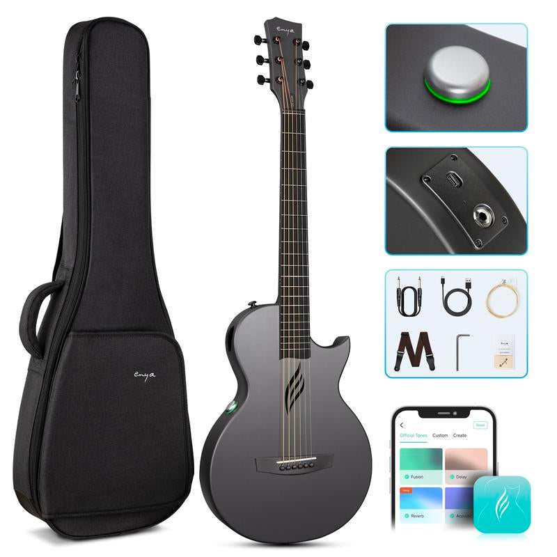 【Enya NOVA GO SP1 】 Carbon Fiber Travel Guitar 35" Acoustic Electric with Smart Acousticplus Technology Built-In Effects USB Recording Bluetooth Speaker Beginner Bundle Gig Bag Accessories, Christmas Gift, Tiktokshopholidayhaul