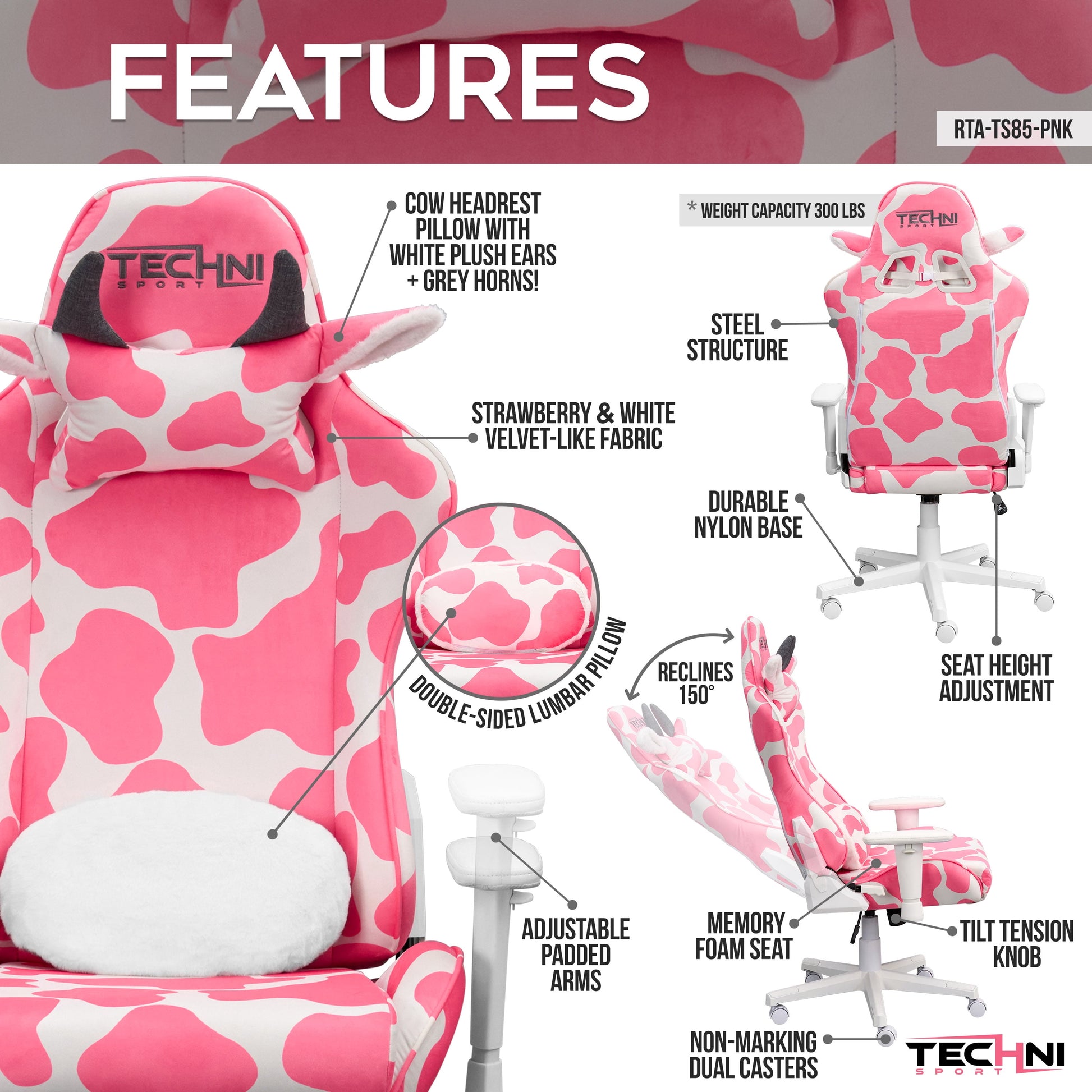 TS85 Pink Cow Series Gaming Chair with Memory Foam Seat RTA-TS85-PNK