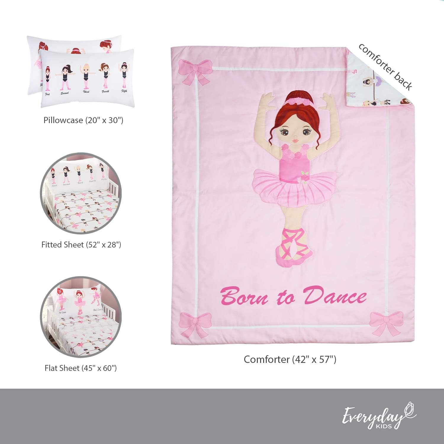 4 Piece Toddler Bedding Set -Born to Dance Ballerina- Includes Comforter, Flat Sheet, Fitted Sheet and Reversible Pillowcase