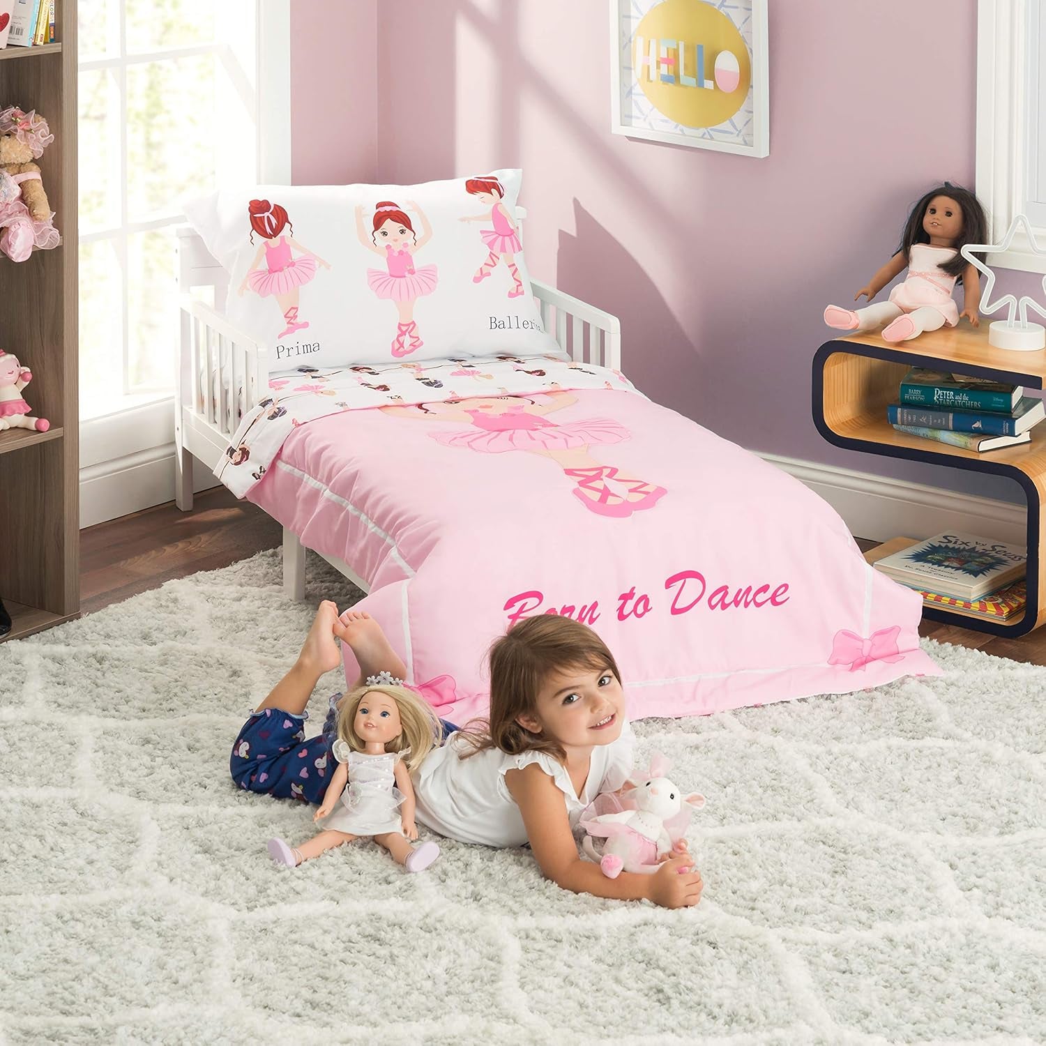 4 Piece Toddler Bedding Set -Born to Dance Ballerina- Includes Comforter, Flat Sheet, Fitted Sheet and Reversible Pillowcase