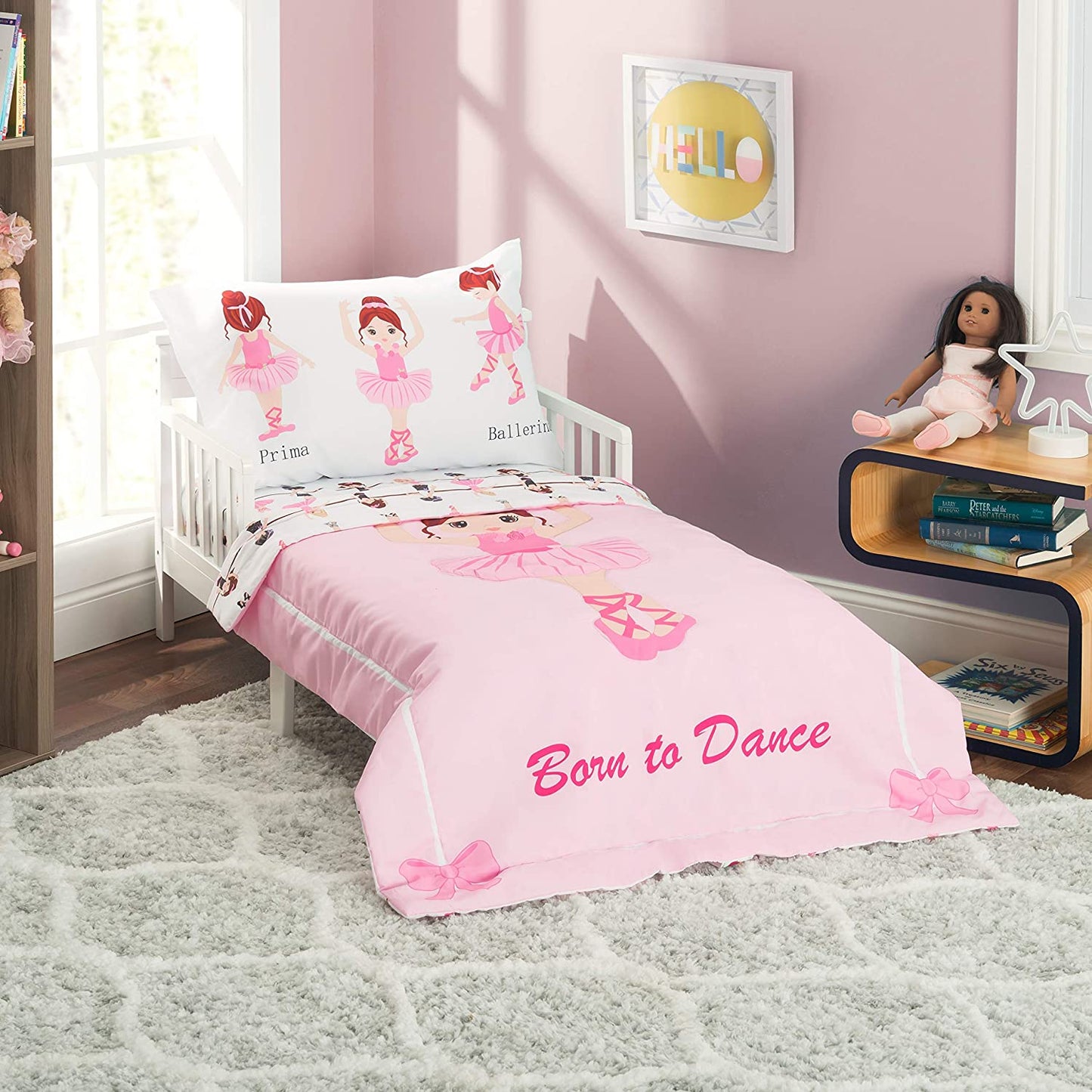 4 Piece Toddler Bedding Set -Born to Dance Ballerina- Includes Comforter, Flat Sheet, Fitted Sheet and Reversible Pillowcase
