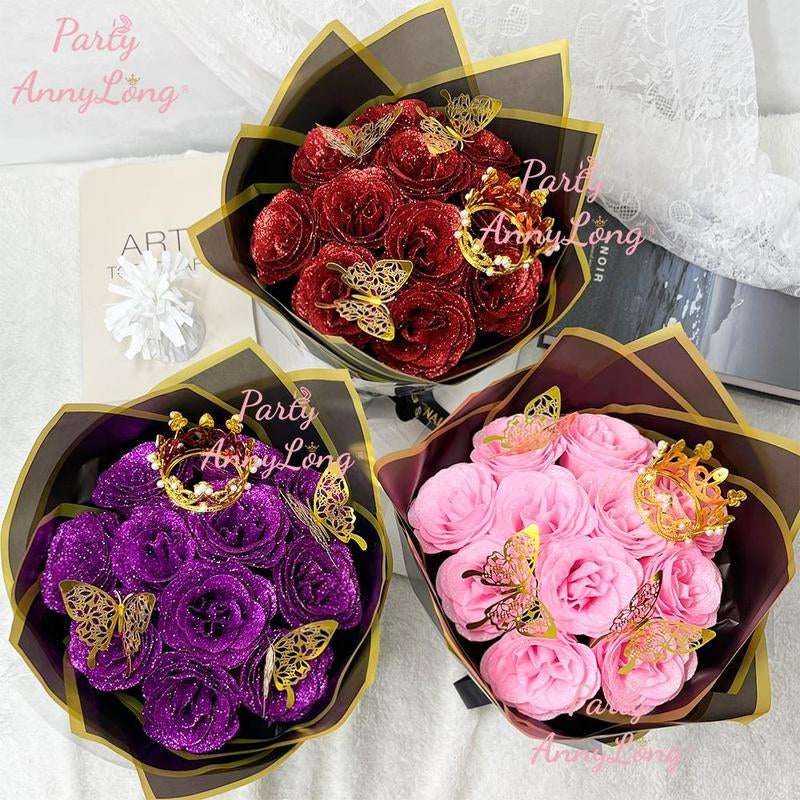 Sparkling Rose Bouquet, DIY Artificial Flower Arrangement, Valentine'S Day, Wedding Anniversary, Engagement, Christmas Gift