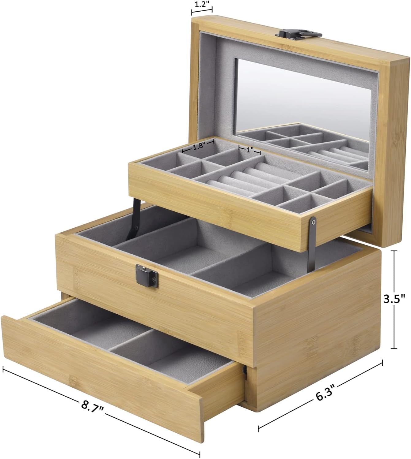 Three-Layer Bamboo Jewelry Box with Mirror Jewelry Storage with Lock Jewelry Organizer with 2 Drawers for Girl Women'S Gift Mother'S Day